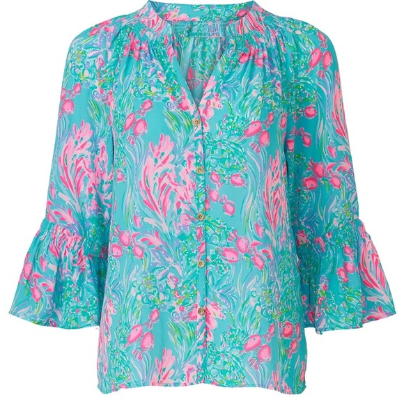 Floral Blue and Pink Lilly Pulitzer DAKOTA Top Blouse Amalfi Blue Fishes size S - Picture 1 of 5